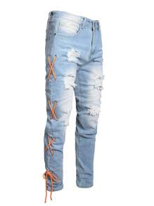 Men Lace Up Ripped Jeans - Light Wash - View 1