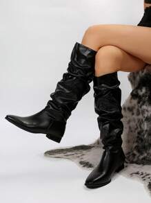 女士休閒平底/低跟長筒靴,女士新款時尚多功能黑色鞋子,適合休閒長靴。 - 黑色 - 查看 2