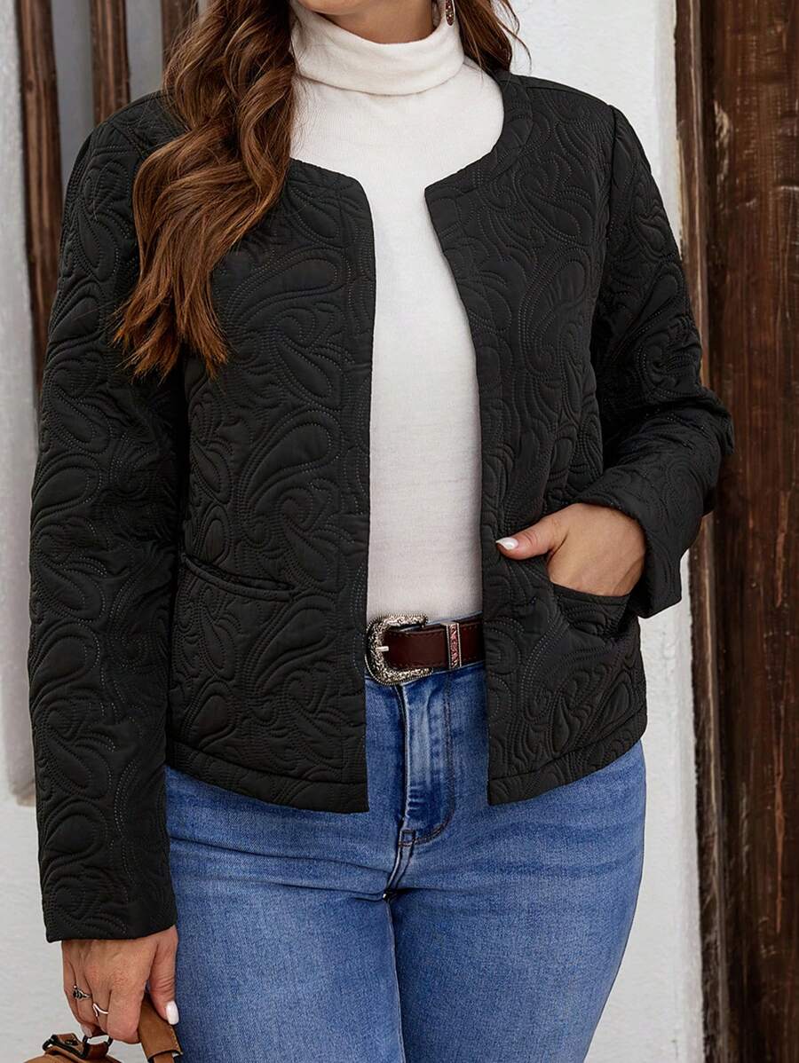 EMERY ROSE Plus Size Open Front Quilted Padded Coat Winter Fall Autumn - Black - View 1