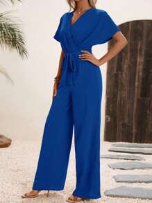 SHEIN Clasi Solid Belted Wide Leg Wrap Detail Jumpsuit - Royal Blue - View 4