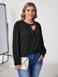 SHEIN Clasi Talla grande Blusa ribete con fruncido con abertura - Negro - Ver 3