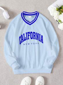 SHEIN Tween Girl Letter Graphic Striped Trim Sweatshirt - Blue - View 1