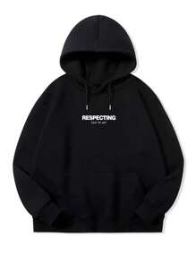 Camvyn 男士標語圖案落肩袖抽繩連帽衫 - 黑色 - 查看 2