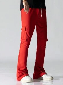 Manfinity EMRG Men Solid Flap Pocket Drawstring Waist Sweatpants - Red - View 6