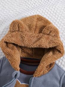 SHEIN 男小童熊貼布拉鏈開襟3D耳朵連帽夾克背心和運動褲&運動衫 - 灰色 - 查看 5