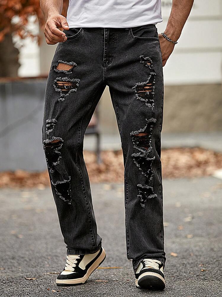 Men Ripped Straight Leg Jeans