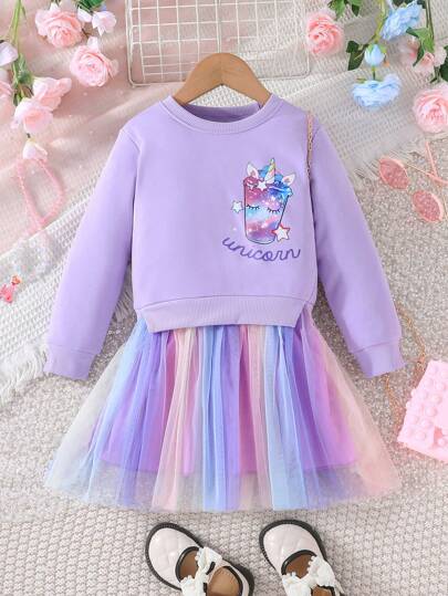 SHEIN Glamorique Kids 女小童獨角獸&字母圖案漸層網紗邊洋裝