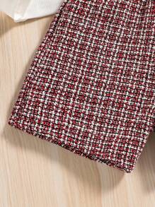 SHEIN Tween Girl Mock Neck Tee & Plaid Tweed Overall Romper - Red and White - View 7