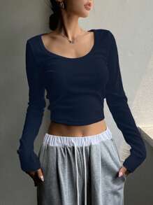 DAZY Solid Scoop Neck Crop Tee - Navy Blue - View 1