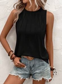 EMERY ROSE Solid Plicated Detail Tank Top - Black - View 3