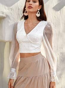 SHEIN VCAY Contrast Lace Flare Sleeve Crop Top
