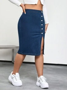 SHEIN ICON Plus Button Front Split Thigh Denim Skirt - Dark Wash - View 6