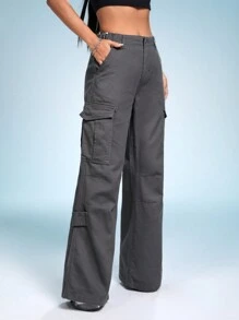 SHEIN ICON 側翻蓋口袋高腰牛仔褲 - 灰色 - 查看 4