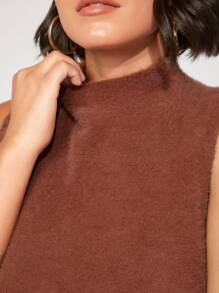 SHEIN BASICS Plus Mock Neck Fluffy Knit Top - Brown - View 4