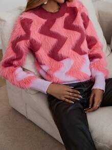 SHEIN Unity Chevron Pattern Fuzzy Knit Sweater - Pink - View 3