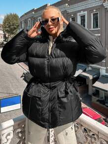 EURMUSE Flap Pocket Hooded Puffer Coat - Black - View 5