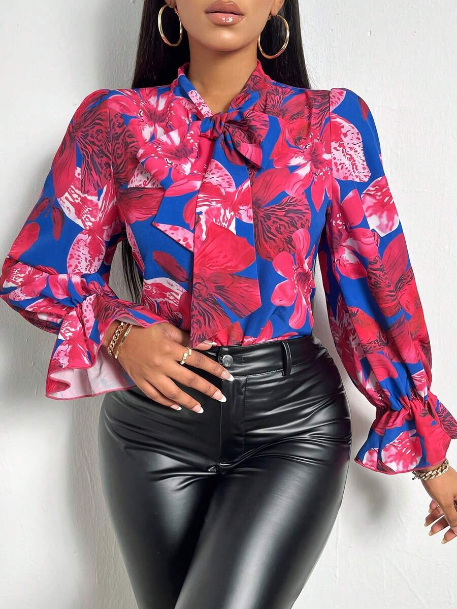 SHEIN Slayr In hoa Cà vạt Tay áo loe Áo sơ mi - Nhiều màu - Xem 1
