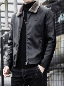 Men Zip Up PU Leather Jacket - Black - View 1