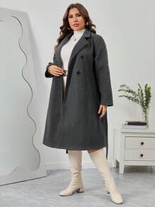 SHEIN Privé Plus Lapel Neck Double Breasted Belted Overcoat In Fall/Winter - Dark Grey - View 6