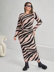 SHEIN Essnce Cộng với áo phông sọc ngựa vằn & váy bút chì - Màu Khaki - Xem 4