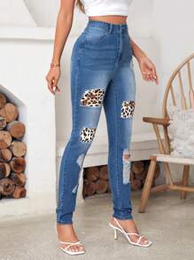 SHEIN LUNE Leopard Print Ripped Skinny Jeans - Medium Wash - View 5