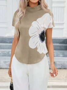 SHEIN Clasi 印花蝙蝠袖小高領弧形下擺襯衫 - 卡其色 - 查看 6