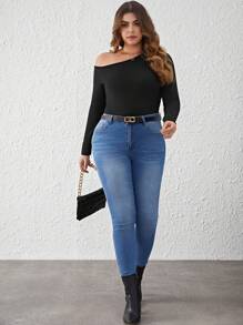 SHEIN Clasi 大碼素色不對稱領T恤 - 黑色 - 查看 4