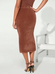 SHEIN BASICS Solid Pencil Knit Skirt - Brown - View 2