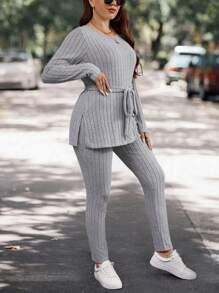 SHEIN LUNE Plus Split Hem Belted Tee & Leggings - Grey - View 5