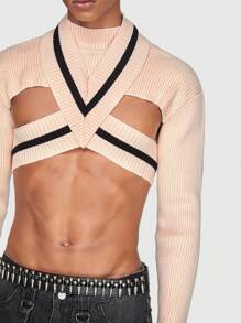 ROMWE MEN ROMWE Avant Guys Criss Cross Crop Sweater - Khaki - View 6