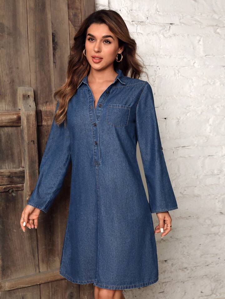 ★ ★ Women's Tab Sleeve Denim Dress 47C736G X26 Olsen Women's Denim Shirt Dress with Belt & Roll Tab Sleeve