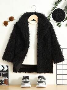 SHEIN Young Boy Open Front Fuzzy Coat - Black - View 1