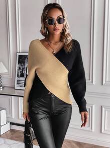 SHEIN Unity Two Tone Crossover Batwing Sleeve Sweater - Khaki - View 3