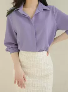 DAZY Solid Button Front Shirt,Long Sleeve Tops - Purple - View 5
