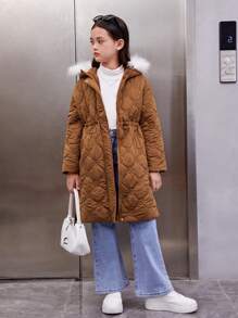 SHEIN Tween Girl Fuzzy Trim Hooded Drawstring Waist Padded Coat