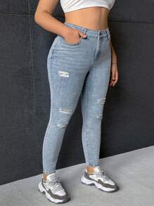 SHEIN EZwear Hơn Quần jean rách - Rửa nhẹ - Xem 3