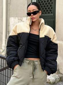 DAZY Two Tone Drop Shoulder Teddy Lined Zipper Winter Thick Pockets Coat ,Winter Women Clothes,Winter Coat Women Jacket