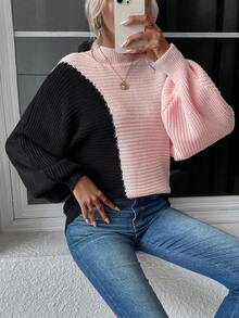 SHEIN Privé Two Tone Mock Neck Batwing Sleeve Sweater - Multicolor - View 6