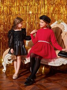SHEIN Tween Girl Mesh Hem Sweater Dress - Red - View 8