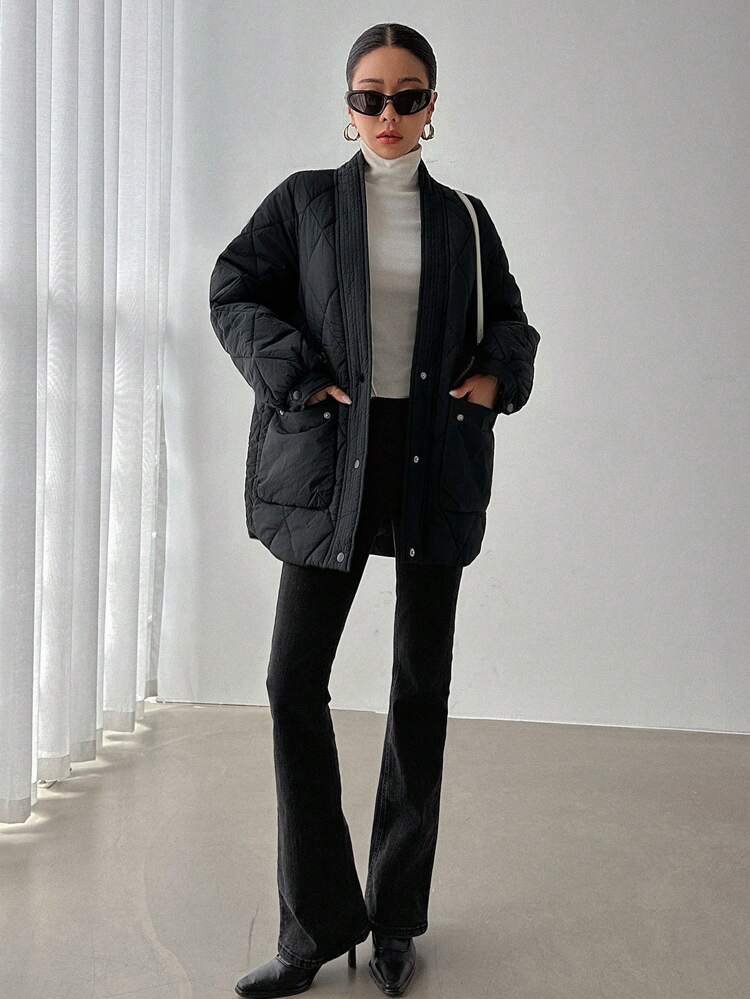 Solid Open Front Quilted Pockets Coat ,Winter Women Clothes,Winter Coat Women Jacket