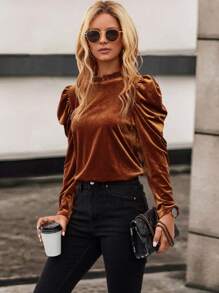 SHEIN Clasi Cổ diềm Tay áo Lá sen tỉa Nhung Áo sơ mi - màu nâu - Xem 6