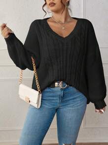 Calvaya 加大码麻花针织落肩套头毛衣秋冬毛衣 - 黑色 - 查看 6