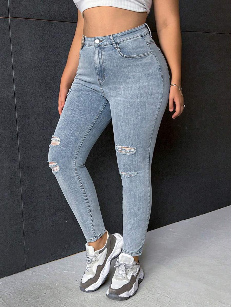 SHEIN EZwear Hơn Quần jean rách - Rửa nhẹ - Xem 1