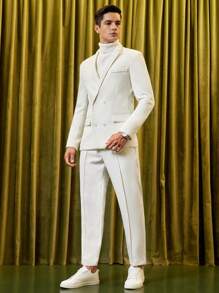 Manfinity VCAY Men Solid Blazer & Seam Detail Suit Pants - White - View 3