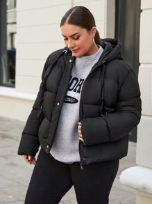 EURMUSE Plus Size Women's Solid Color Long Sleeve Zipper Front Casual Drawstring Hooded Winter Jacket - Black - View 1