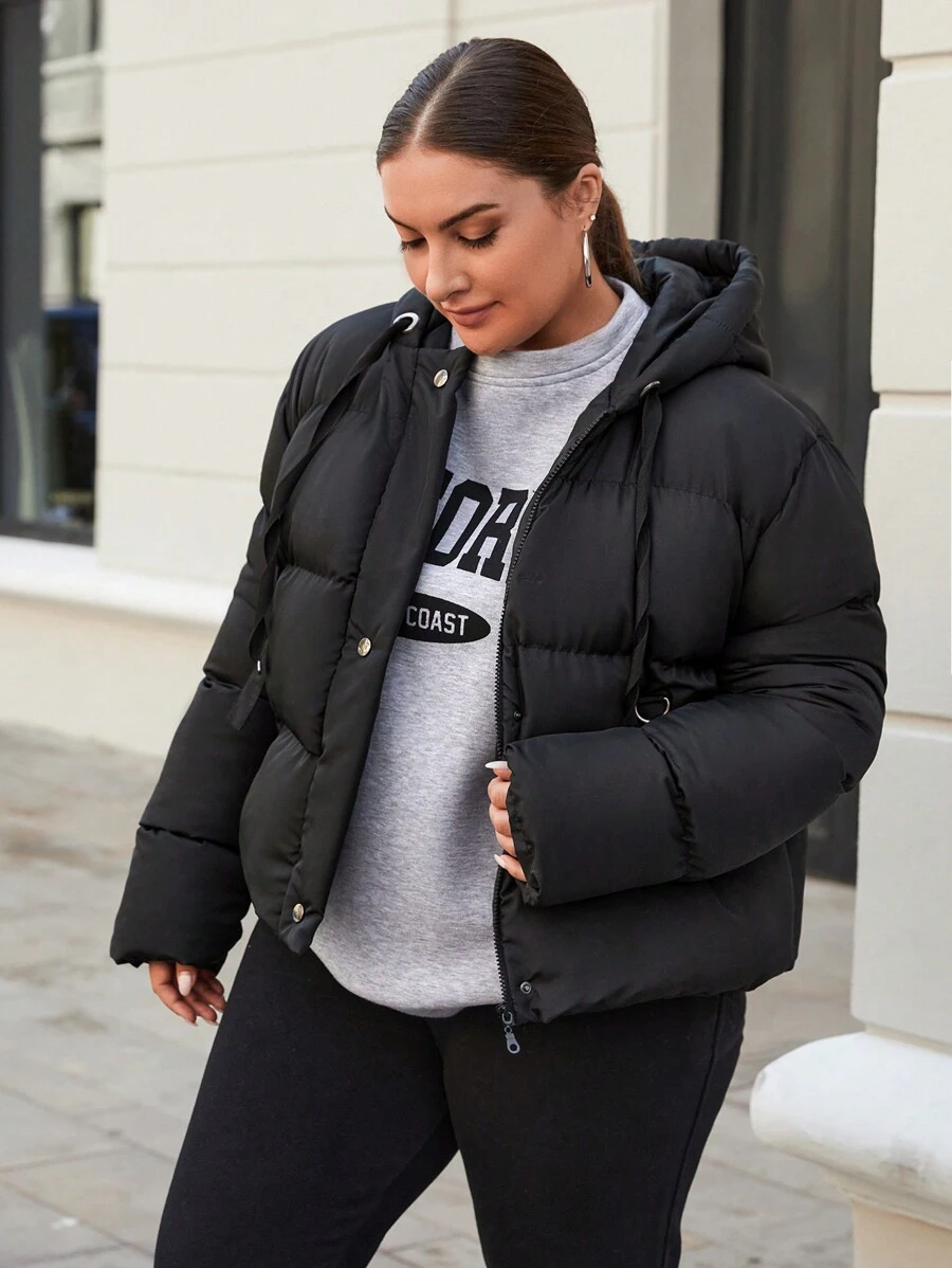 EURMUSE Plus Size Women's Solid Color Long Sleeve Zipper Front Casual Drawstring Hooded Winter Jacket - Black - View 1