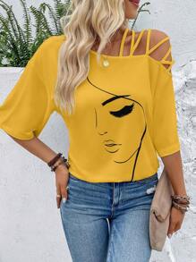 EMERY ROSE Figure Graphic Asymmetrical Neck Tee Graphic Tees Women Tops - Yellow - View 4
