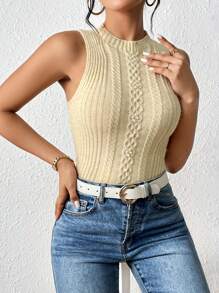 SHEIN Essnce Solid Cable Knit Tank Knit Top - Apricot - View 4