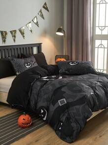 3 pièces Ensemble De Housse De Couette Profond Gris Halloween Chat Astronaute , Citrouille , Motif Chauve-Souris Imprimé En Polyester