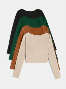 SHEIN Unity 4 piezas Camiseta de cuello scoop tejido de canalé - Multicolor - Ver 2